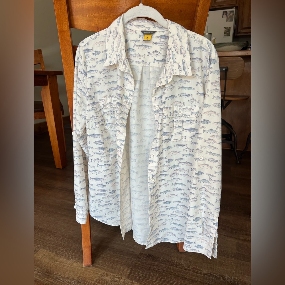 Eddie Bauer White and Blue Fish Print Casual Shirt